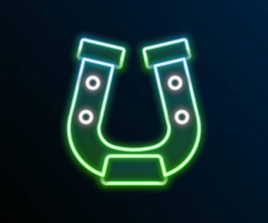 Parlayan neon çizgisi at nalı simgesi siyah arkaplanda izole edildi. Renkli taslak konsepti. Vektör