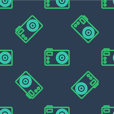 Çizgi fotoğraf makinesi simgesi mavi arkaplanda kusursuz desen izole etti. Foto kamera. Dijital fotoğrafçılık. Vektör
