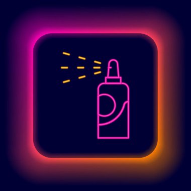 Saç spreyi, deodorant, terleme önleyici ikon için siyah arka planda parlayan neon hattı spreyi. Renkli taslak konsepti. Vektör