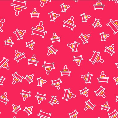 Masa başı simgesinde oturan çizgi öğrencisi kırmızı arka planda izole edilmiş kusursuz desen. Vektör