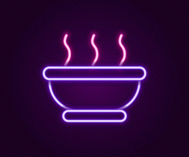 Siyah arka planda izole edilmiş parlak neon çizgisi sıcak çorba ikonu kasesi. Renkli taslak konsepti. Vektör