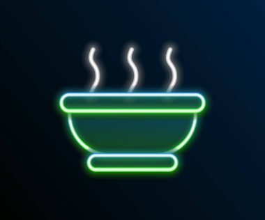 Siyah arka planda izole edilmiş parlak neon çizgisi sıcak çorba ikonu kasesi. Renkli taslak konsepti. Vektör
