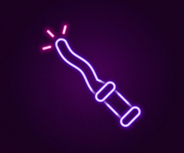 Parlayan neon hattı sihirli değnek simgesi siyah arkaplanda izole edildi. Yıldız şeklinde sihirli aksesuar. Sihirli güç. Mutlu Cadılar Bayramı Partisi. Renkli taslak konsepti. Vektör