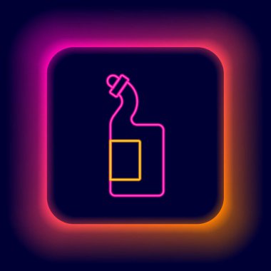 Parlayan neon hattı siyah arkaplanda izole edilmiş sıvı şişe ikonu. Bulaşık yıkamak için sıvı deterjan. Renkli taslak konsepti. Vektör