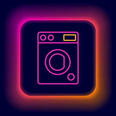 Parlayan neon hattı yıkama ikonu siyah arkaplanda izole edildi. Çamaşır makinesi simgesi. Çamaşır makinesi, çamaşır makinesi. Ev aletleri sembolü. Renkli taslak konsepti. Vektör