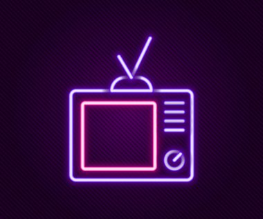 Parlayan neon hattı Retro TV simgesi siyah arkaplanda izole edildi. Televizyon tabelası. Renkli taslak konsepti. Vektör