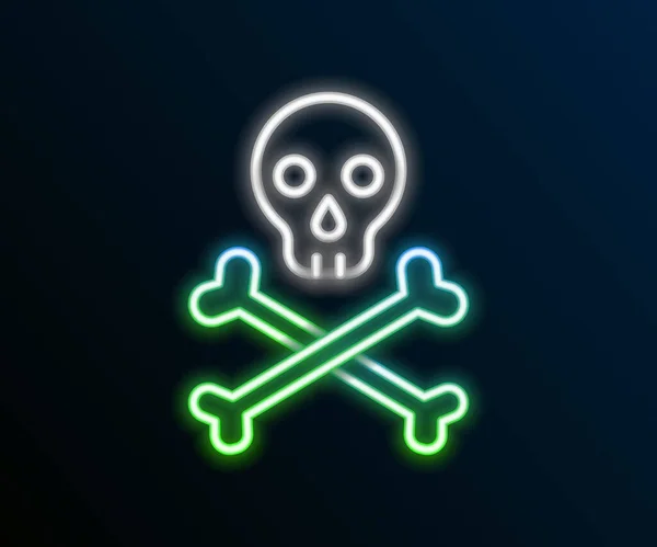 Leuchtende Leuchtschrift Totenkopf Auf Kreuzknochen Symbol Isoliert Auf Schwarzem Hintergrund — Stockvektor