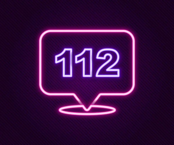 Glödande Neon Line Telefon Med Nödsamtal 112 Ikonen Isolerad Svart — Stock vektor