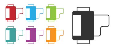 Siyah Kamera klasik film rulo kartuş simgesi beyaz arka planda izole edildi. 35 mm 'lik film kutusu. Film şeridi fotoğrafçı ekipmanı. Simgeleri renklendirin. Vektör.