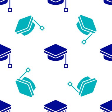 Mavi Mezuniyet Şapkası simgesi beyaz arka planda izole edilmiş kusursuz desen. Tassel ikonlu mezuniyet şapkası. Vektör.