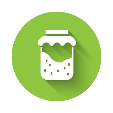 Uzun gölgeli beyaz reçel kavanozu ikonu. Yeşil daire düğmesi. Vektör.