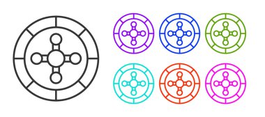 Siyah çizgi kumarhane rulet ikonu beyaz arka planda izole edilmiş. Simgeleri renklendirin. Vektör.