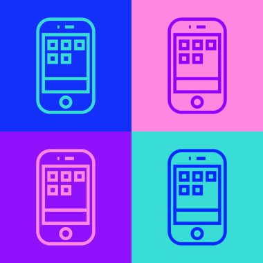Pop Art Line Smartphone, cep telefonu simgesi renkli arkaplanda izole edilmiş. Vektör.