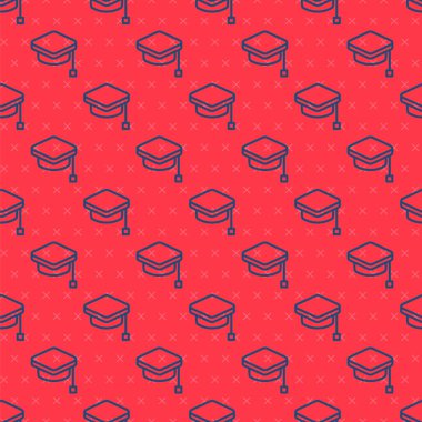 Mavi çizgi mezuniyet simgesi kırmızı arkaplanda izole edilmiş kusursuz desen. Tassel ikonlu mezuniyet şapkası. Vektör.
