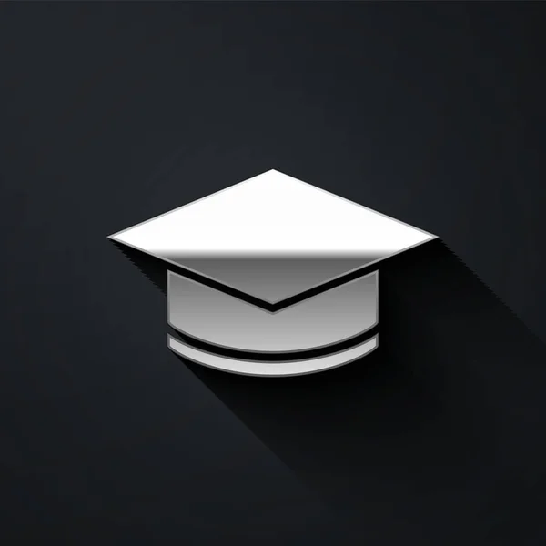 Silver Graduation Cap Pictogram Geïsoleerd Zwarte Achtergrond Afstudeerhoed Met Kwastje — Stockvector