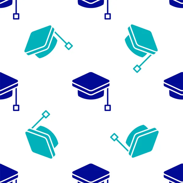 Icono Tapa Graduación Azul Aislado Patrón Sin Costura Sobre Fondo — Vector de stock