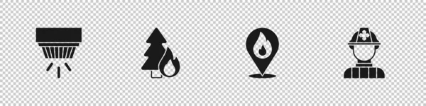 Set Rookmelder Brandende Bosboom Locatie Met Brandvlam Brandweerpictogram Vector — Stockvector