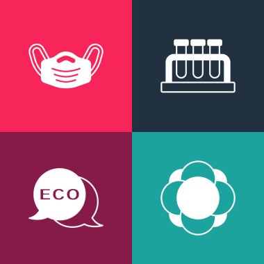 Pop sanat molekülü, ekolojik sağlıklı yiyecekler, test tüpü, matara ve tıbbi koruyucu maske ikonu için etiketi ayarla. Vektör