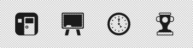 Okul odası, tebeşir tahtası, saat ve ödül kupa ikonu. Vektör