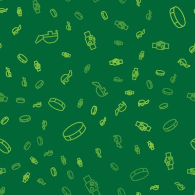 Çizgi eskrim başlığı maskesi, hokey diski ve Smart saati pürüzsüz şablonda kalp atışı gösteriyor. Vektör