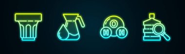 Su, sürahi bardağı, H2O ve Büyük şişe için kimyasal formül. Parlayan neon ikonu. Vektör