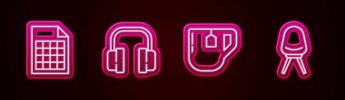 Dosya belgesi, kulaklık, çay poşeti ve ofis sandalyesi. Parlayan neon ikonu. Vektör
