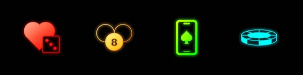 ゲームダイス ビンゴカードの宝くじボール オンラインポーカーテーブルゲームとカジノチップのアイコンを設定します ベクトル — ストックベクタ