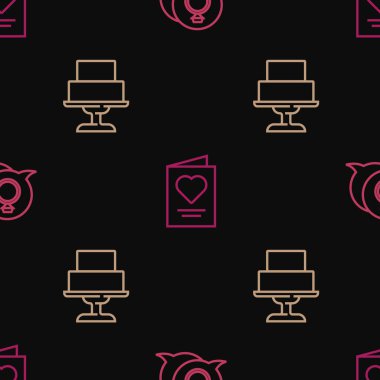 Elmas nişan yüzüğü, düğün pastası ve kusursuz desenli tebrik kartı. Vektör