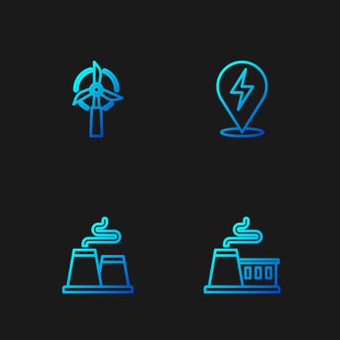 Hat fabrikası, rüzgar türbini ve yıldırım. Renk simgeleri. Vektör