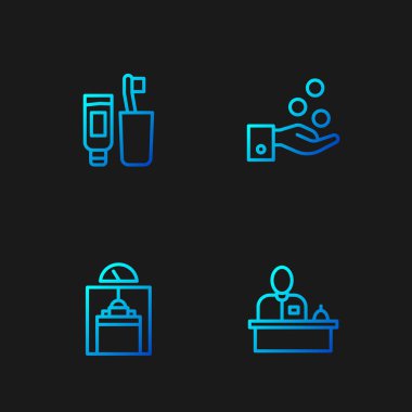 Otel resepsiyon masası, asansör, diş fırçası, diş macunu ve ödeme ipuçlarını ayarla. Renk simgeleri. Vektör