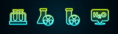 H2O için çizgi test tüpü, matara, radyasyon ve kimyasal formülü hazırlayın. Parlayan neon ikonu. Vektör