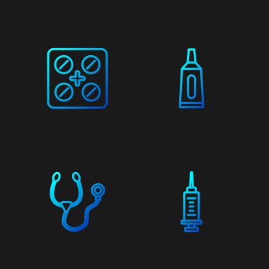 Şırınga, steteskop, hap ve merhem tüpü ilacını hazırlayın. Renk simgeleri. Vektör