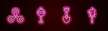 Fidget spin, Rattle bebek oyuncağı, Kürek ve Oyuncak at. Parlayan neon ikonu. Vektör