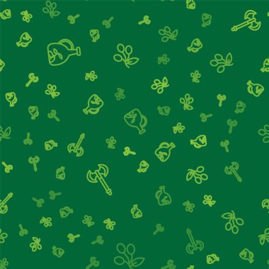 Bir şişe zeytinyağı, ortaçağ baltası ve zeytin dalını pürüzsüz desene göre dizin. Vektör