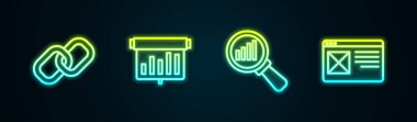 Hat zinciri, grafik çizelgesi olan tahta büyüteç, analiz ve tarayıcı penceresi. Parlayan neon ikonu. Vektör