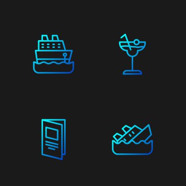 Batan gemi, Broşür, Cruise ve Cocktail 'i ayarlayın. Renk simgeleri. Vektör