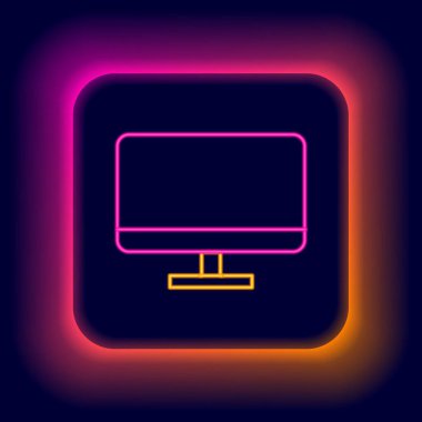 Parlayan neon hattı Bilgisayar monitörü simgesi siyah arkaplanda izole edildi. Elektronik cihaz. Ön manzara. Renkli taslak konsepti. Vektör