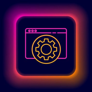 Parlayan neon hattı tarayıcı ayarı simgesi siyah arkaplanda izole edildi. Ayarlama, servis, bakım, onarım, onarım. Renkli taslak konsepti. Vektör