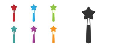 Siyah Büyü çubuk simgesi beyaz arkaplanda izole edildi. Yıldız şeklinde sihirli aksesuar. Sihirli güç. Mutlu Cadılar Bayramı Partisi. Simgeleri renklendirin. Vektör