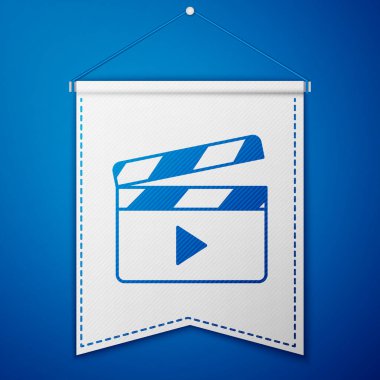 Mavi Film alkışlayıcı simgesi mavi arkaplanda izole edildi. Film alkışlama tahtası. Alkış tahtası işareti. Sinema yapımı ya da medya endüstrisi. Beyaz flama şablonu. Vektör