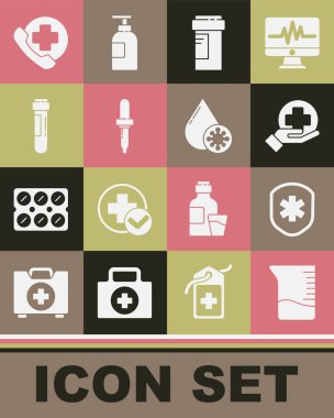Ölçüm kabını ayarla, haçlı tıbbi kalkan, Cross hastanesi sağlık, ilaç şişesi, Pipette, tüp kan testi, acil telefon görüşmesi ve kan testi ve virüs ikonu. Vektör