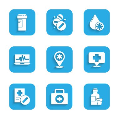Harita işaretçisini çapraz hastane, ilk yardım çantası, bir şişe ilaç şurubu, reçete, dizüstü bilgisayar kardiyogramı, kan testi ve virüs ve ilaç şişesi ikonu ile ayarla. Vektör