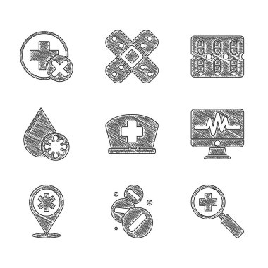 Haçlı hemşire şapkası, ilaç hapı ya da tablet, tıbbi araştırma için büyüteç, monitör kardiyogramı, harita göstergesi hastanesi, kan testi ve virüsü, haplar ve çapraz ikon. Vektör