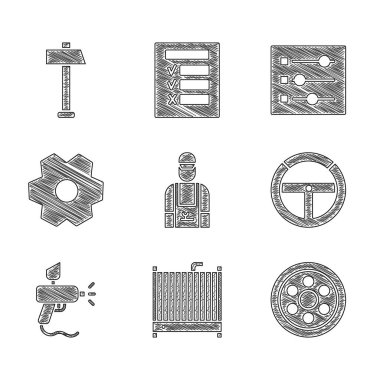 Araba tamircisi, radyatör soğutma sistemi, alüminyum tekerlek, direksiyon, boya sprey tabancası, vites, ayarlar ve çekiç simgesi. Vektör