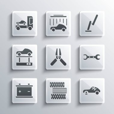 Araba tekerleği, kırık araba, İngiliz anahtarı, pilli güç kablosu asansörde tamirat, taşıyıcı kamyonu ve silecek simgesi. Vektör
