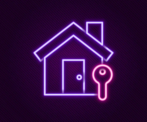 Brilhante Neon Line House Com Ícone Chave Isolado Fundo Preto — Vetor de Stock