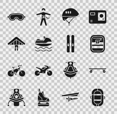 Rafting teknesi, kaykay, ilk yardım çantası, bisiklet kaskı, jet ski, planör, kayak gözlüğü ve çubuk ikonu ayarlayın. Vektör