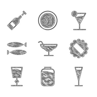 Kokteyl, kavanozda salatalık turşusu, bir bardak şampanya, şişe kapağı, şarap bardağı, kurutulmuş balık, martini ve şarap ikonu. Vektör