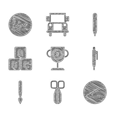 Ödül kupası, makas, akut açı, kalem, boya fırçası, ABC blokları, silgi ve çizgili kalem, zamanlama, grafik, diyagram simgesi ayarla. Vektör