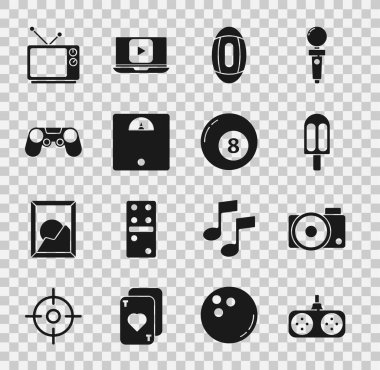 Oyun sahası, fotoğraf makinesi, dondurma, Amerikan futbolu, banyo terazisi, Retro TV ve bilardo bilardo ikonu. Vektör